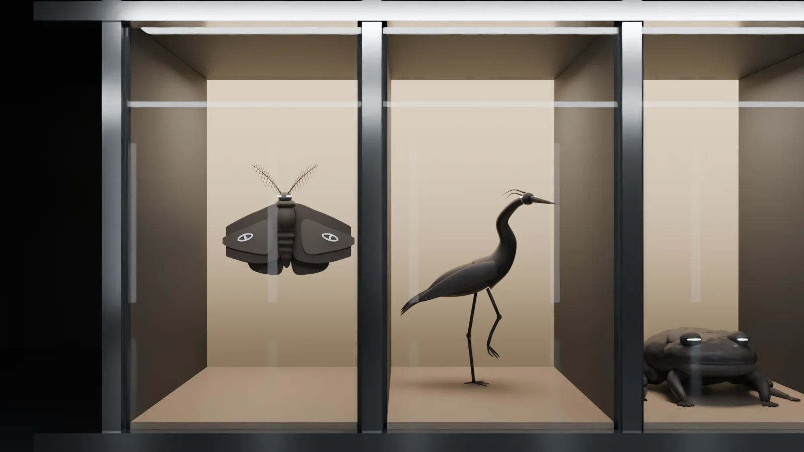 Window 02: a black heron mid-step, one foot lifted, its beak almost touching the glass.