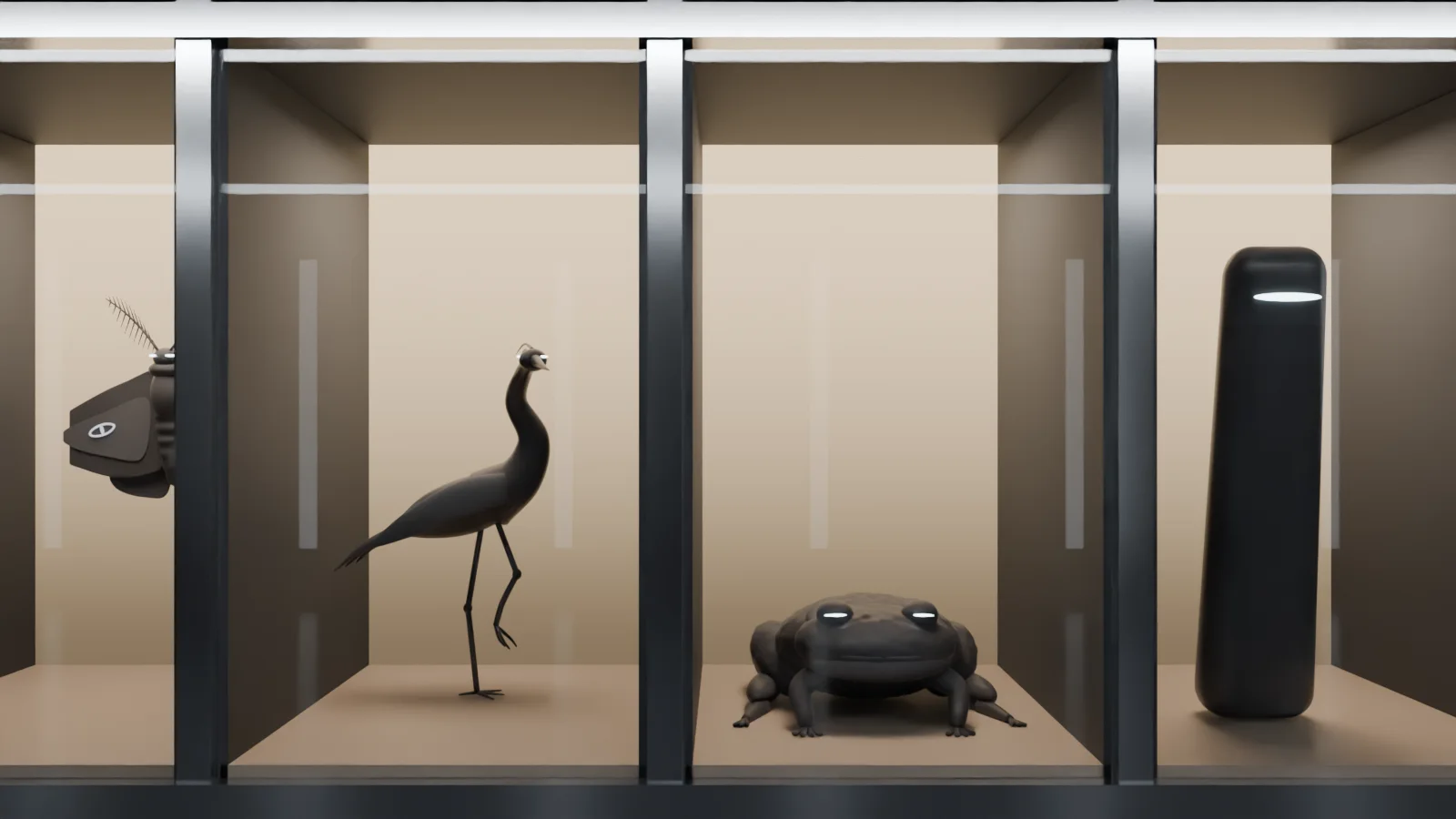 Window 03: a warty black toad crouched low, two glowing slit eyes on top of its head.